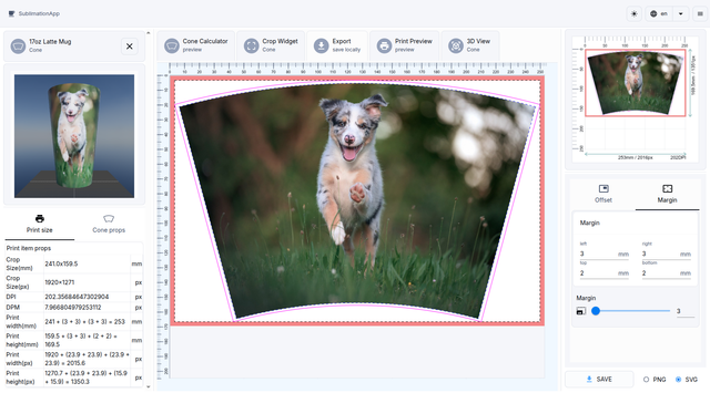 Export Widget interface showing margin controls, PNG/SVG options, and live frustum preview