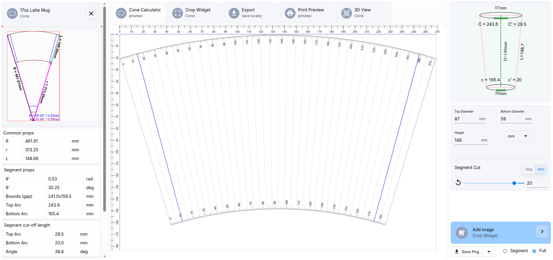 Cone calcumator screenshot